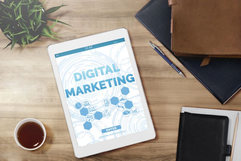 Digital Marketing Technology Solution for Online Business Concept - Graphic interface showing analytic diagram of online market promotion strategy on digital advertising platform via social media.