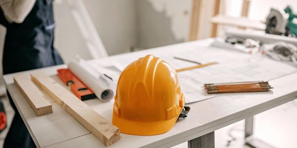 Yellow construction helmet and tools on a white workspace.