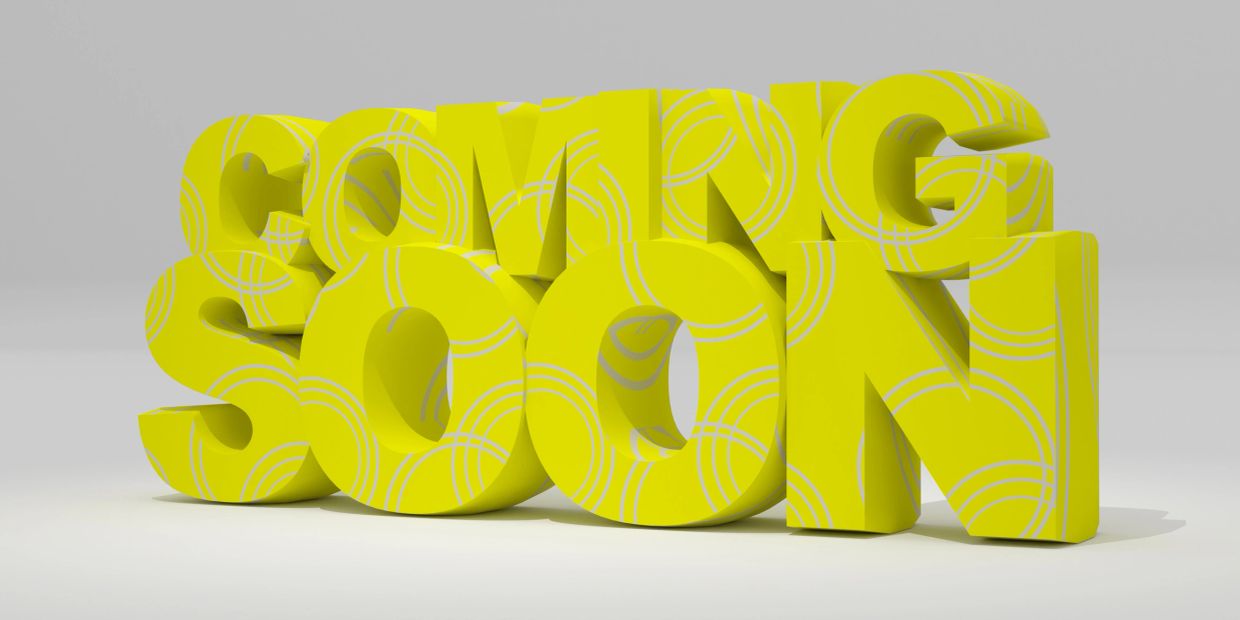 3D yellow letters spelling "COMING SOON" with circular patterns.