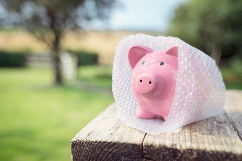 Piggy bank wrapped in bubble pack, protecting your savings and money