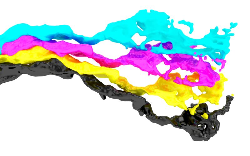 Four splashes in CMYK printing colors, 3d render