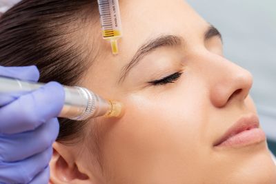 Woman receiving a facial cosmetic treatment with a syringe and device.