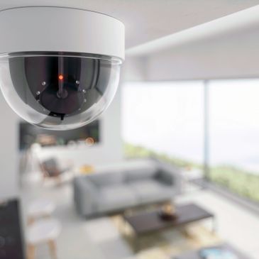 Dome security camera monitoring a modern living room with large windows.