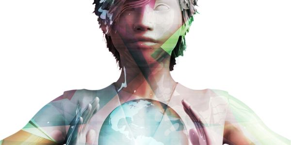 Futuristic figure holding a glowing Earth globe.