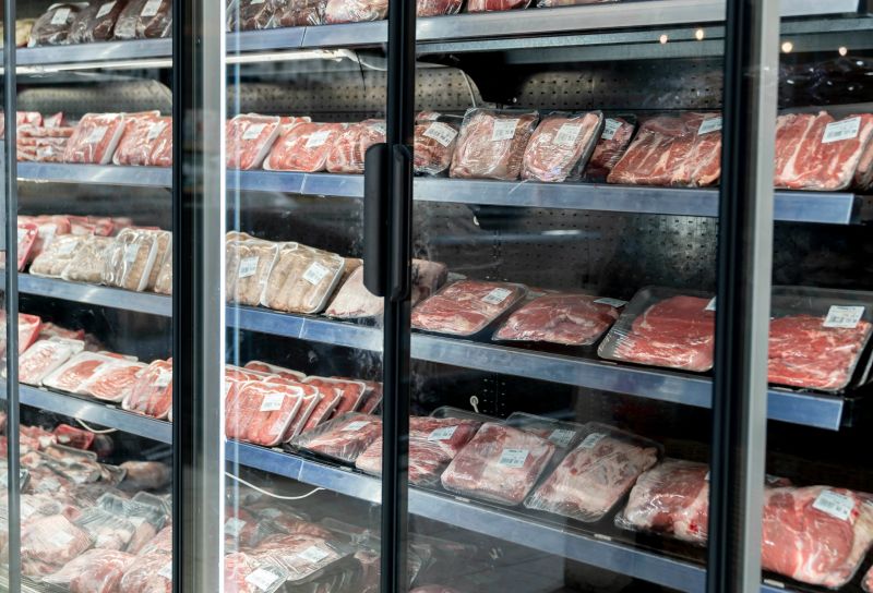 Different types of packed meat at the refrigerated section of a supermarket - No people