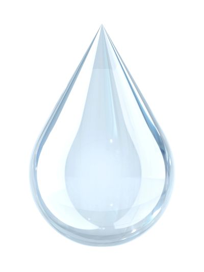 A clear water droplet splashes into a calm blue surface.
