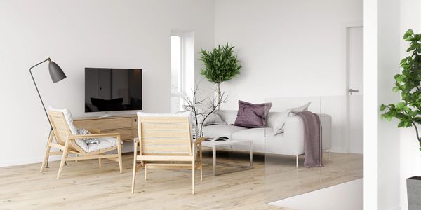 Minimalist living room with wooden chairs, a gray sofa, and indoor plants.