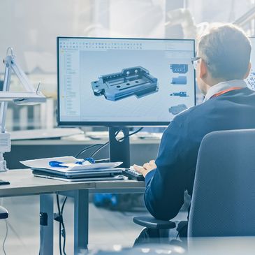 Engineer working on 3D modeling and data analysis at a modern workstation.