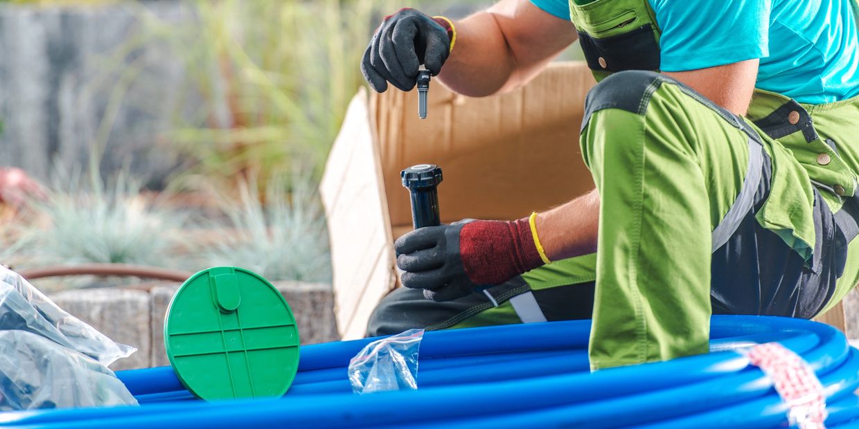 Man assembling irrigation system outdoors.