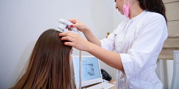 Dermatologist examines patient's scalp with a handheld device.