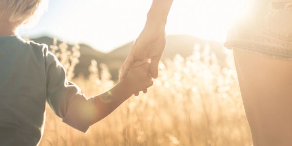 Child holding an adult's hand in a sunlit field.