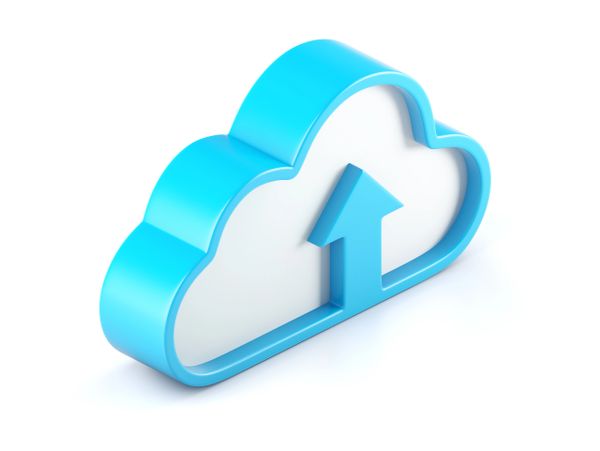 3D blue and white cloud upload icon symbolizing cloud storage.