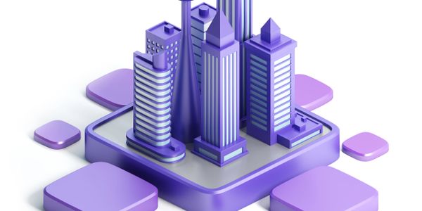 3D purple cityscape with modern skyscrapers on a platform.