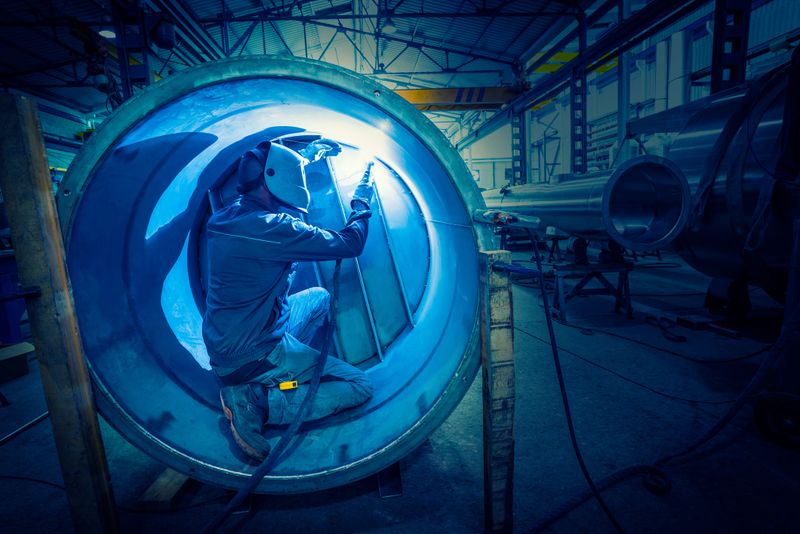 Welder man welding stainless steel tank in boilermaking industry