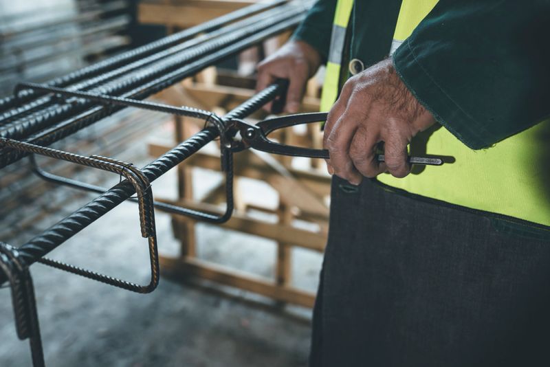 Close-up View at Construction Worker who is Working with Tongs or Pliers and is Fixing Metal Framework at the Construction Yard.