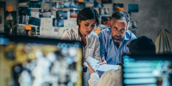 Two detectives analyzing clues in a dimly lit room.