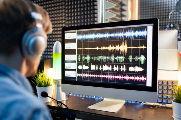 Person editing multiple audio tracks on a computer in a soundproof studio.