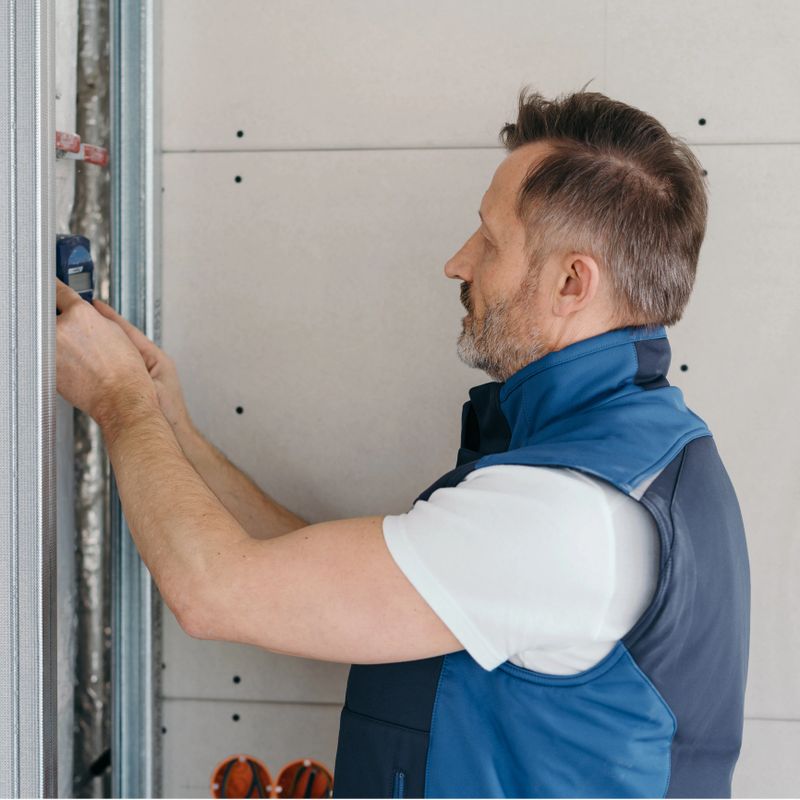 Construction worker professional man working indoors, during renovation process, viewed from his side, measuring or installing the wall, looking at the tool in his hands