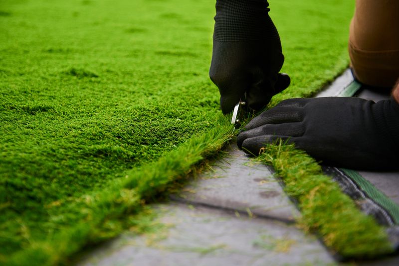 Installing artificial grass in modern garden of home
