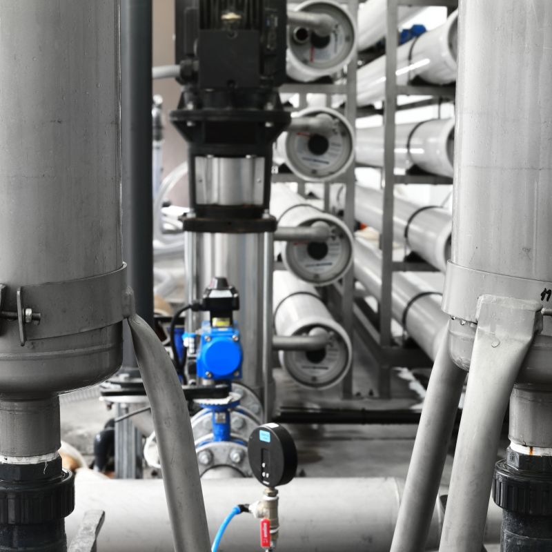 Large industrial water treatment and boiler room. Shiny steel metal pipes and blue pumps and valves.
