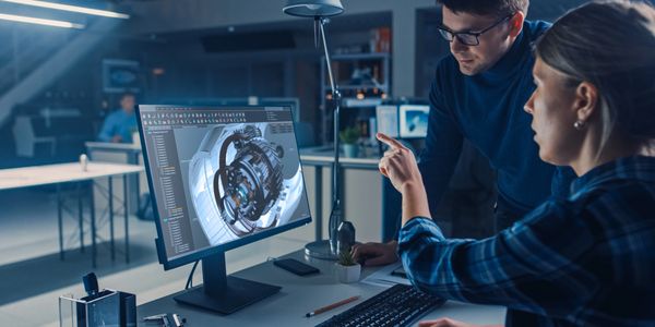 Two engineers discussing a 3D CAD model on computer screen.