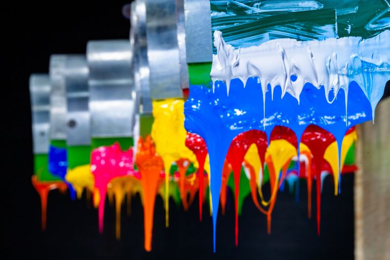 several dripping colors ink on handle printers in tee shirt factory hang on the storage