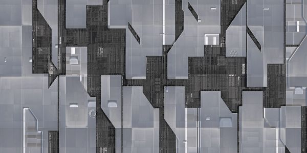 Futuristic metallic wall with geometric panels and dark circuitry background.