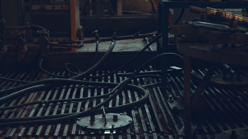 Hoses on a steel grating floor in a dark workshop
