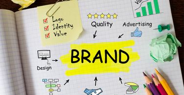 Notebook page illustrating key elements of a brand with colorful sketches and notes.