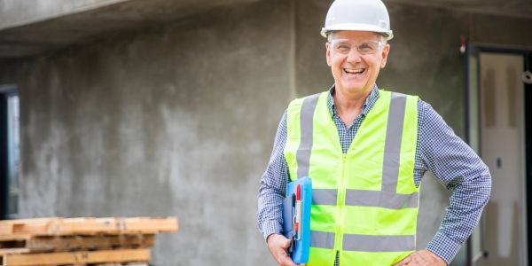 Smiling construction worker in safety gear at site.