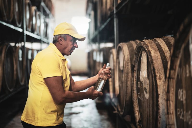 Caucasian man holding bottle with alcohol and examining barrel in distiller.