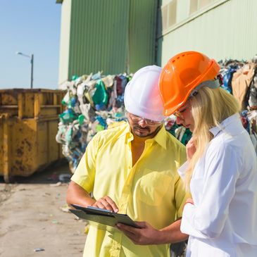 Two workers in hard hats reviewing a clipboard at a recycling facility.