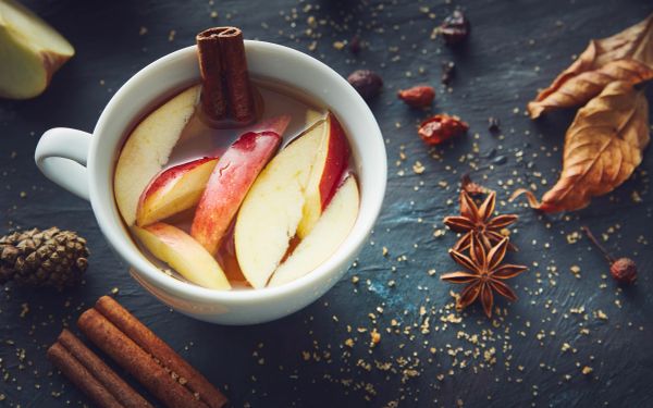 Cup of apple cider with cinnamon sticks and spices.