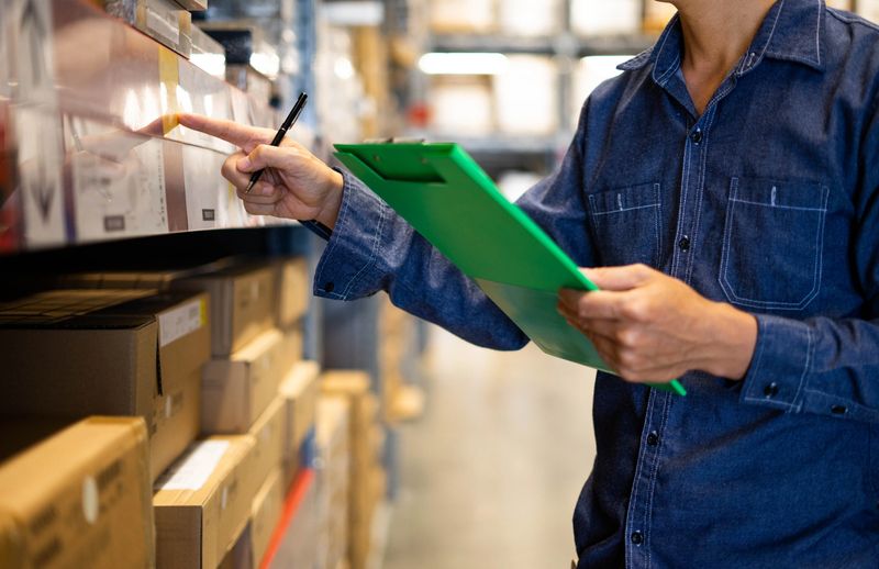 Manager man worker doing stocktaking of product management in cardboard box on shelves in warehouse. Physical inventory count."n Male professional assistant checking stock in factory.