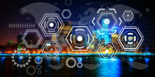 Futuristic digital gears and hexagons overlay on a cityscape at night with global map.
