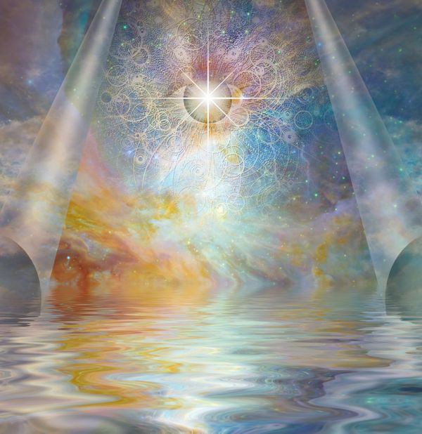 Mystical cosmic scene with radiant light and intricate patterns over reflective water.
