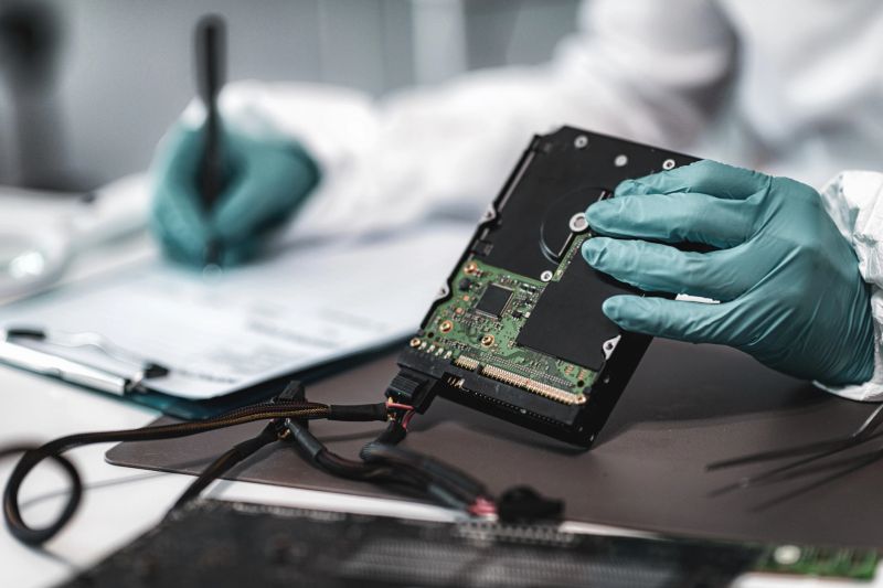 Forensic Science Investigator Examining Computer Hard Drive. Digital Forensic Science Concept.