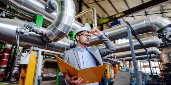 Engineer inspecting industrial facility with blueprints.
