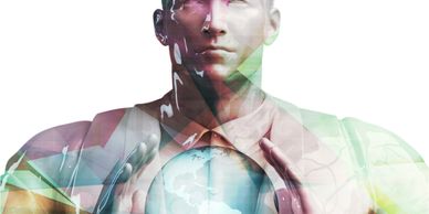 Digital art of a man holding a glowing globe, symbolizing global connection.