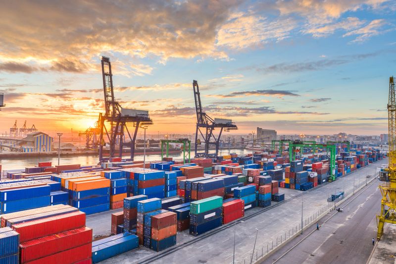 Casblanca, Morocco industrial shipping port at dawn.
