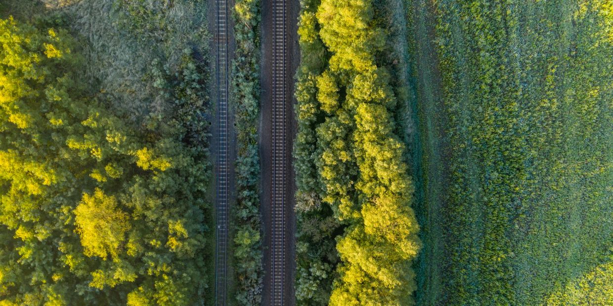 Aerial view of railway tracks between green trees and fields.