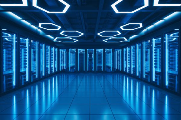 Row of high-tech server racks in a modern data center.
