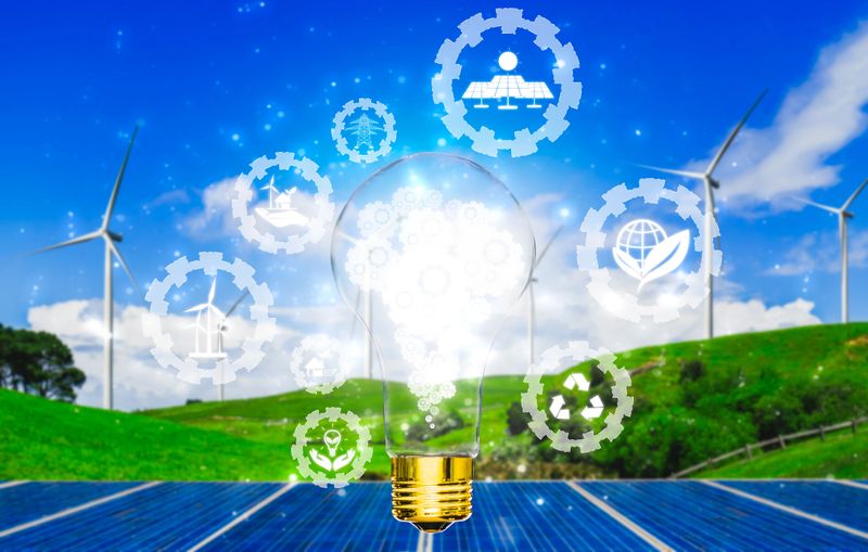 Green energy innovation light bulb with future industry of power generation icon graphic interface. Concept of sustainability development by alternative energy.