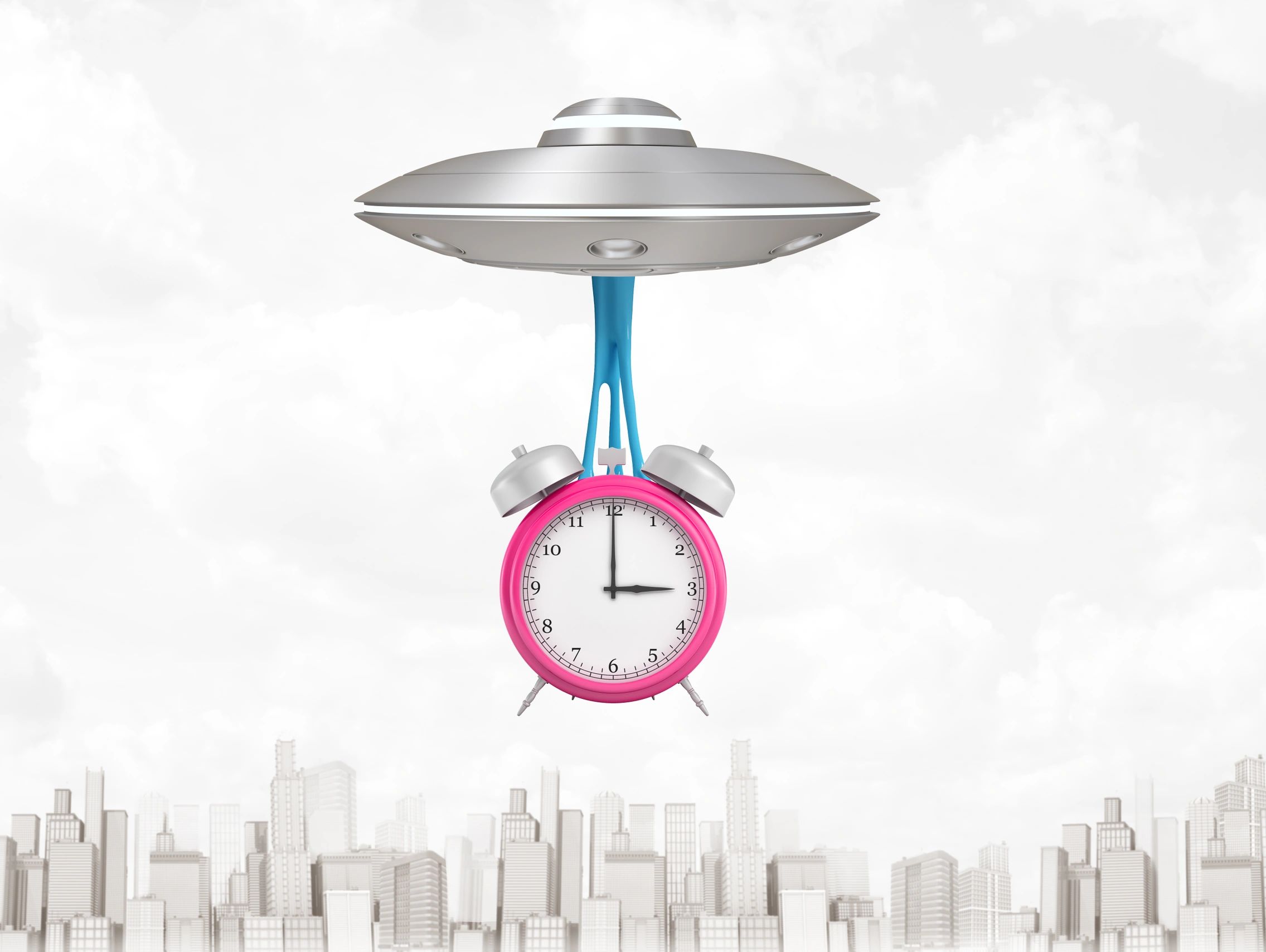 A UFO abducting a pink alarm clock over a cityscape.