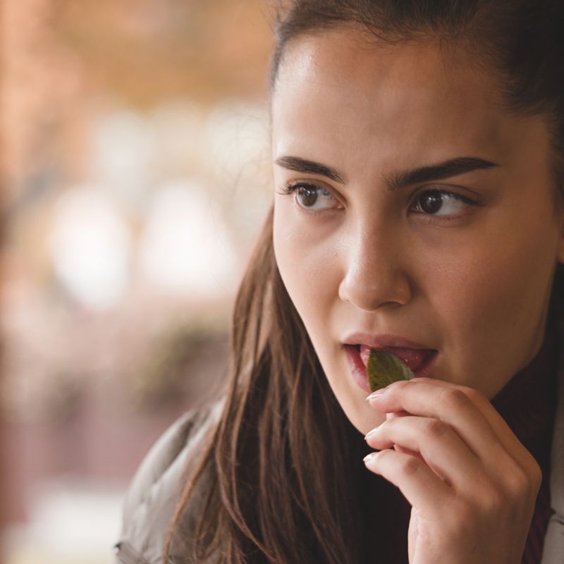 Young brunette girl eating a green mint leaf. Girl in a sweater in cold weather.