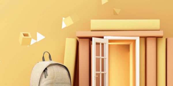 A beige backpack beside an open door framed by large books on a yellow background.
