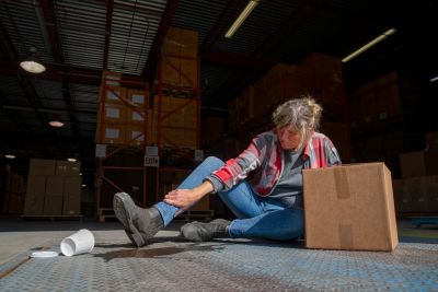 Worker injured in warehouse, holding ankle.