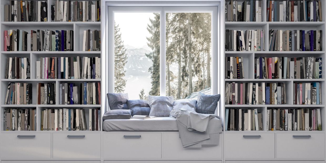 library with lots of book on either side of a picture window, a bench and the view of the forest.