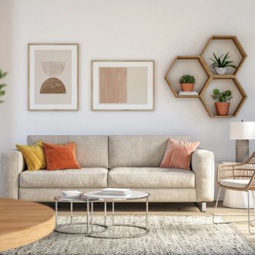 Modern living room with neutral tones and hexagon shelves.