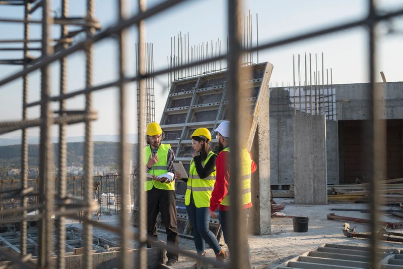 Construction workers standing on outdoor construction site and discuss the building plans.